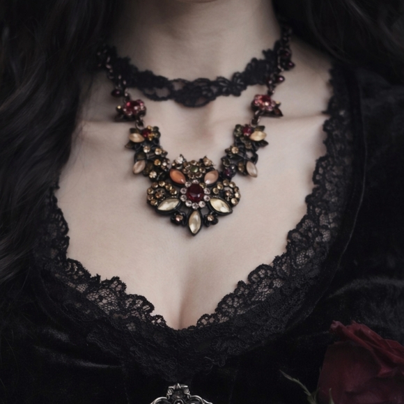 Vintage Jewelry - Vintage Romantic Goth Floral Statement Necklace | Dark Romance Victorian Bib Cho